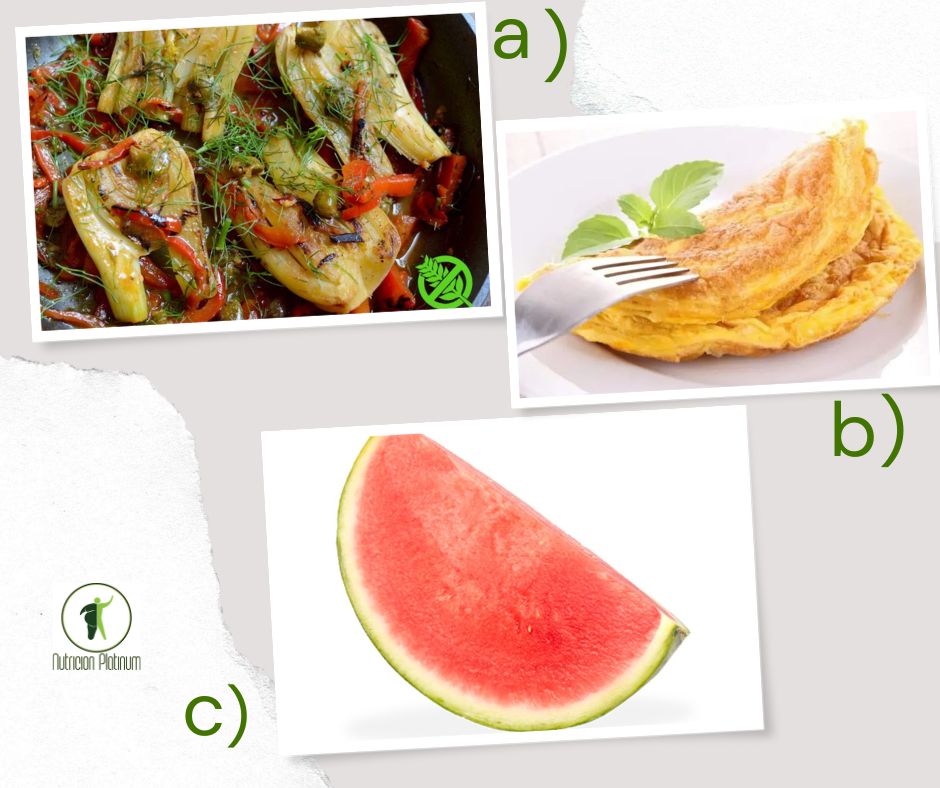 Hinojo salteado con tortilla de atún y sandia